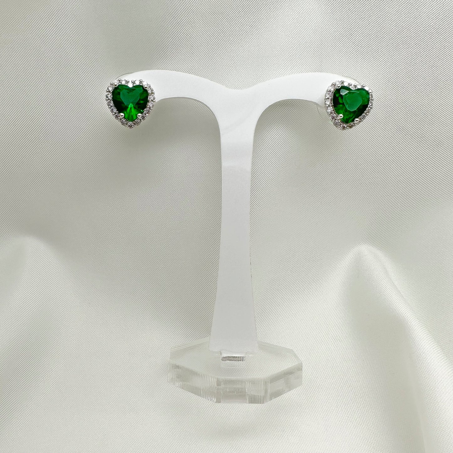 Orecchini cuore verde e corona strass bianchi- Silver
