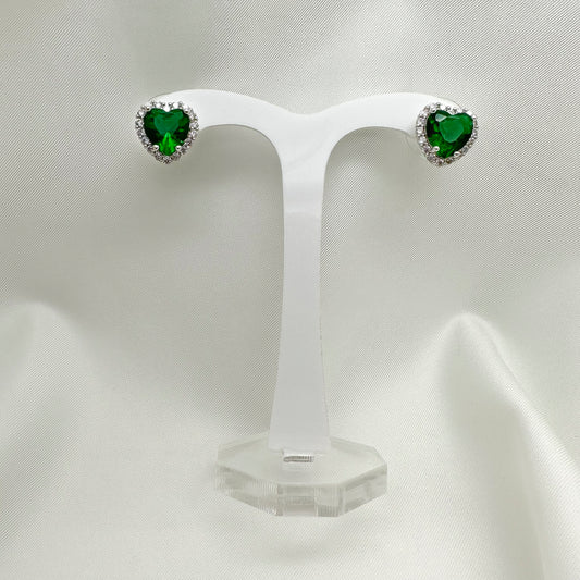 Orecchini cuore verde e corona strass bianchi- Silver