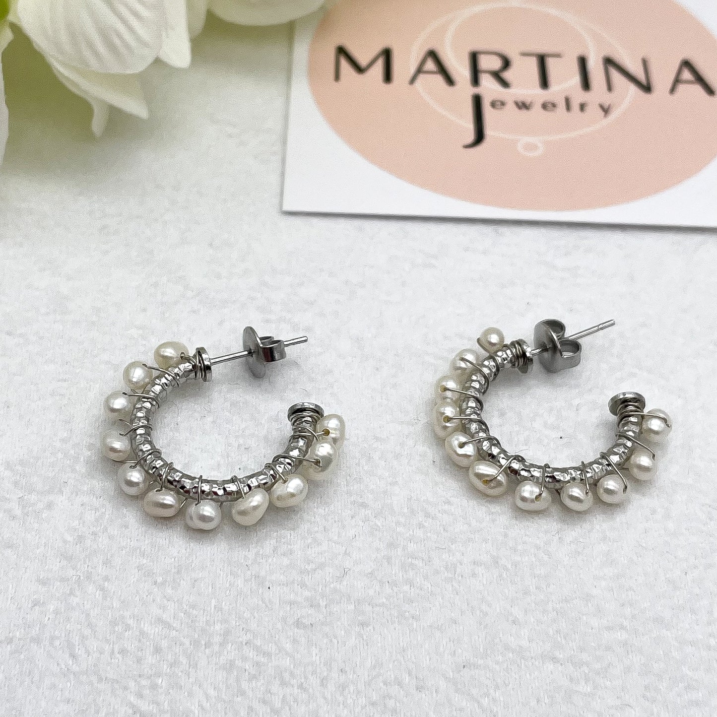 Orecchini cerchi intreccio di perle - Silver