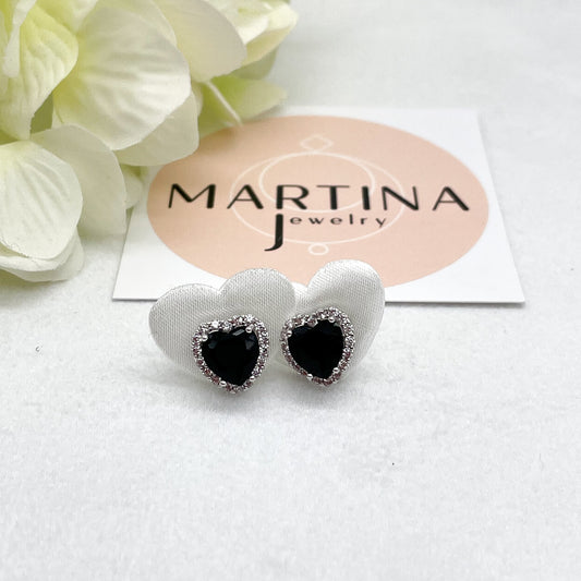 Orecchini cuore nero e corona strass bianchi- Silver