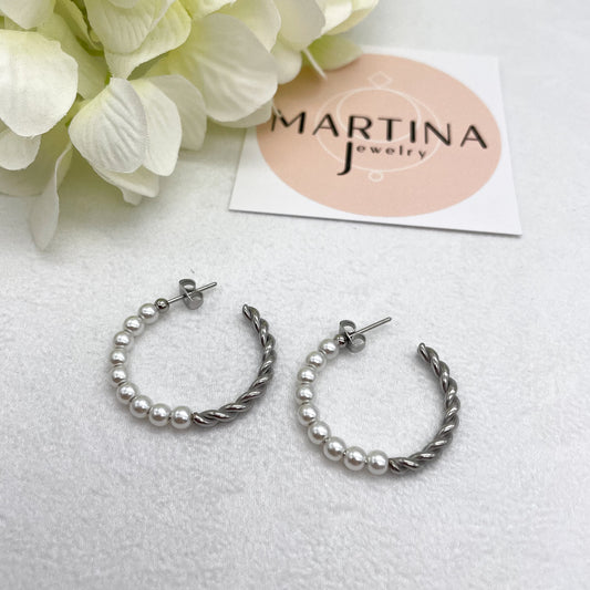 Orecchini cerchi fila di perle torchon - Silver