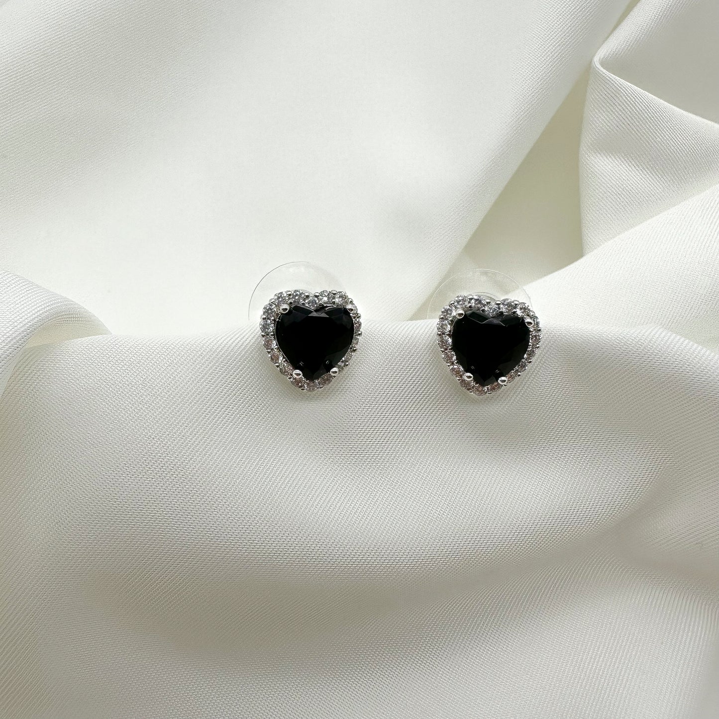 Orecchini cuore nero e corona strass bianchi- Silver