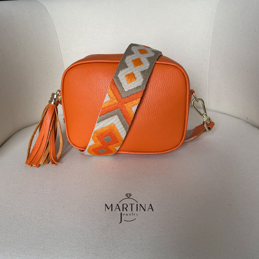Borsa tracolla full color in vera pelle con tracolla fantasia - Arancio