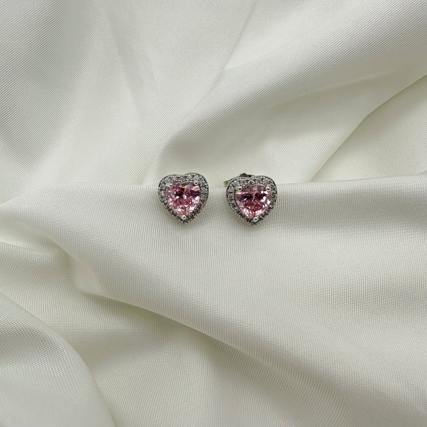 Orecchini cuore rosa e corona strass bianchi- Silver