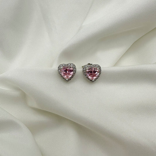 Orecchini cuore rosa e corona strass bianchi- Silver