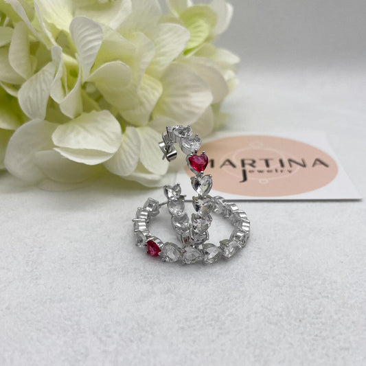 Orecchini cuori strass con centrale rosso - Silver