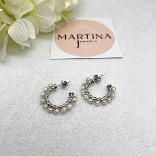 Orecchini cerchi intreccio di perle - Silver