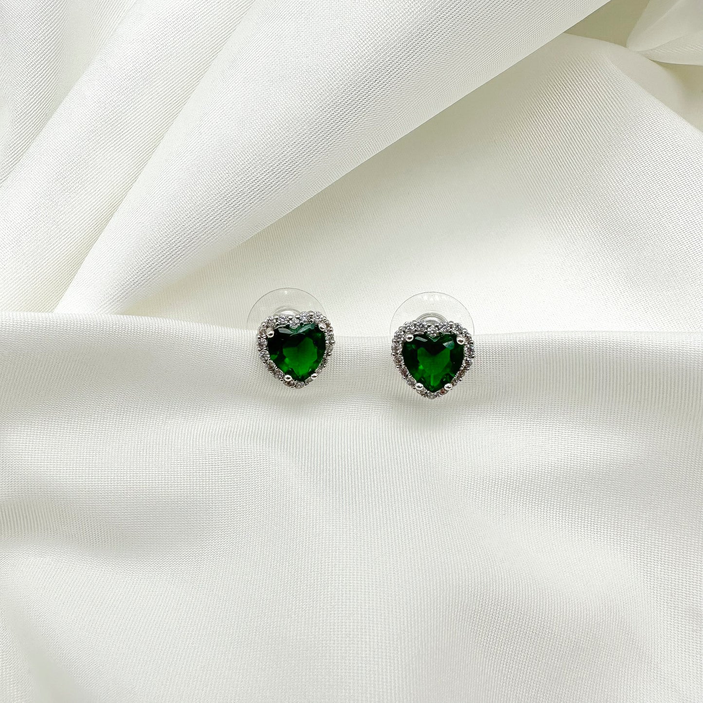 Orecchini cuore verde e corona strass bianchi- Silver