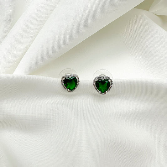 Orecchini cuore verde e corona strass bianchi- Silver