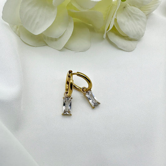 Orecchini cerchietti pendenti cristallo rettangolare bianchi - Gold