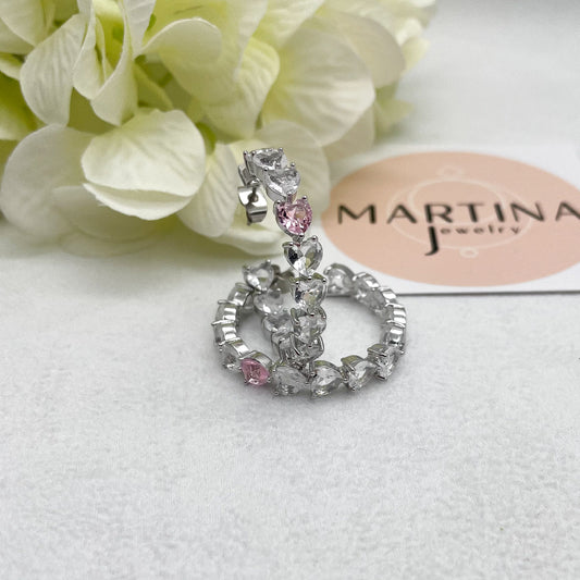 Orecchini cuori strass con centrale rosa - Silver
