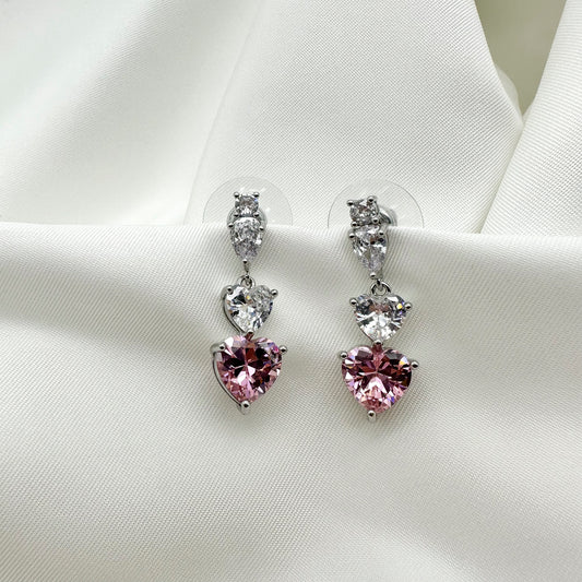 Orecchini pendenti cuori strass bianchi e rosa - Silver
