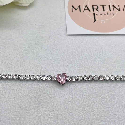 Bracciale fila cristalli bianchi e cuore centrale rosa - Silver