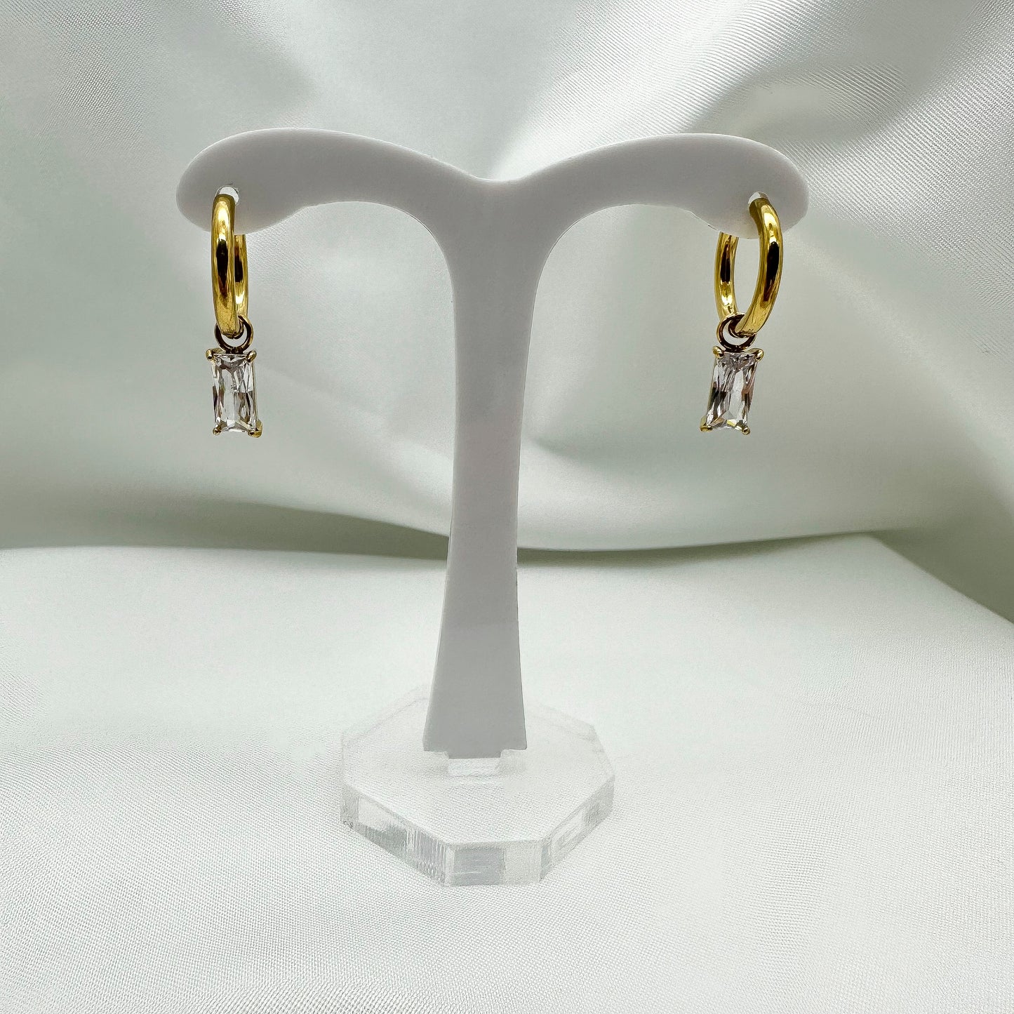 Orecchini cerchietti pendenti cristallo rettangolare bianchi - Gold