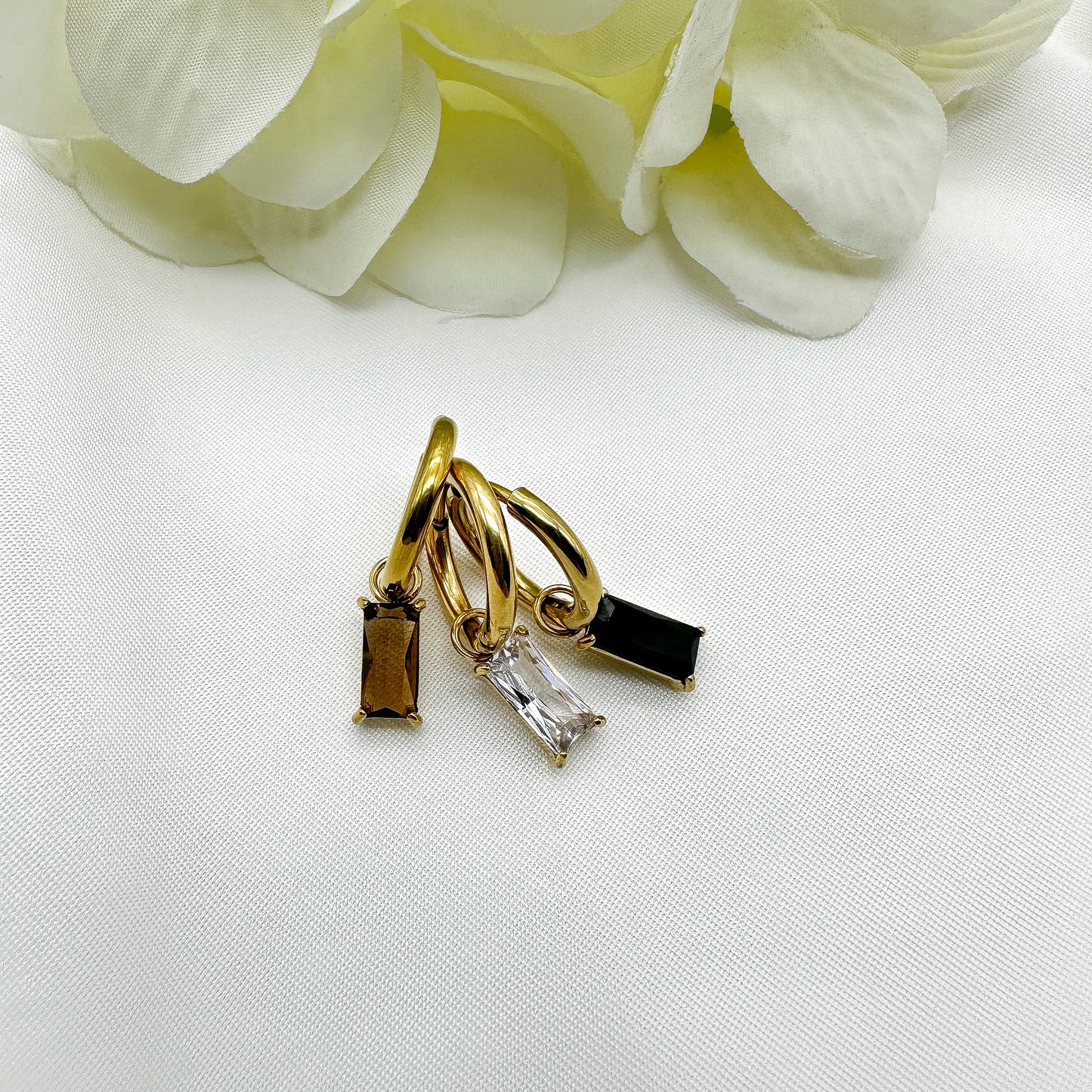 Orecchini cerchietti pendenti cristallo rettangolare Ambra scuro - Gold