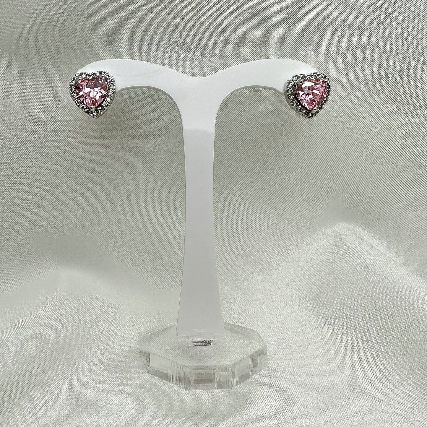 Orecchini cuore rosa e corona strass bianchi- Silver