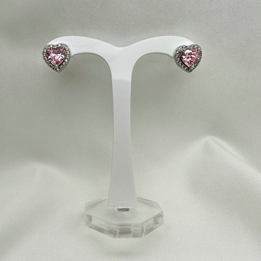 Orecchini cuore rosa e corona strass bianchi- Silver
