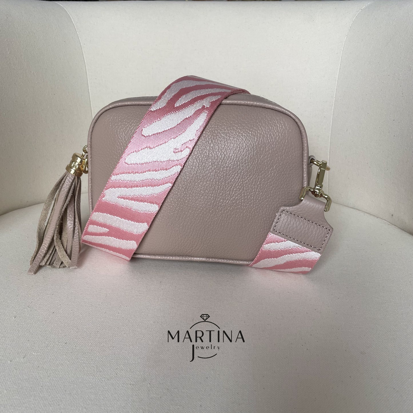 Borsa tracolla full color in vera pelle con tracolla fantasia - Tortora